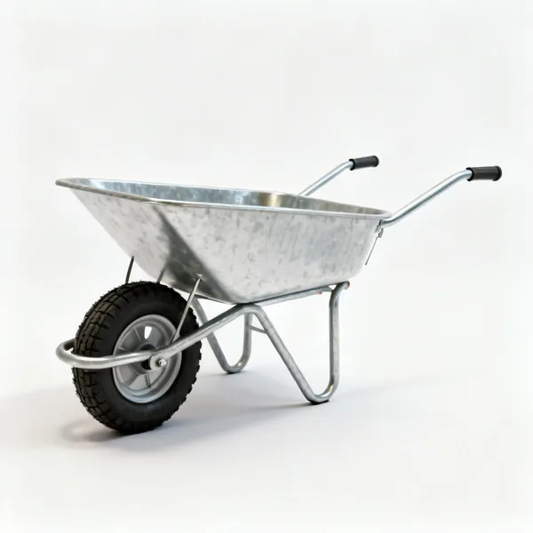 A metal builder's wheelbarrow with a pneumatic tyre