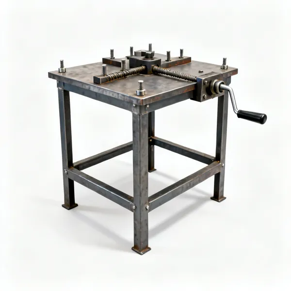 A steel rebar bending table with locating pins and adjustable stops