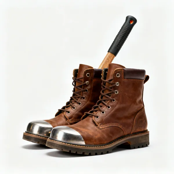Safety boots: A pair of brown leather safety work boots with steel toecaps