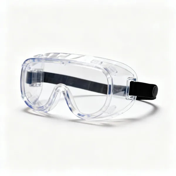 A pair of sealed clear safety goggles with a headband