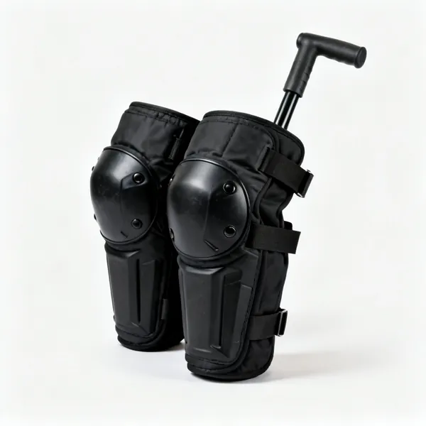 A pair of thick black work knee pads with straps