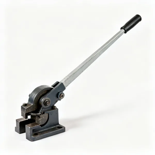 A manual rebar bender with a long lever arm and a bending former