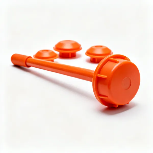 Rebar safety caps: Several orange plastic rebar safety mushroom caps