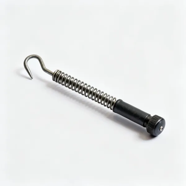 A spring loaded rebar tie twister tool with a hooked end and a knob handle