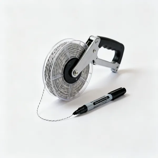 Marker and chalk line: A chalk line reel and a black permanent marker