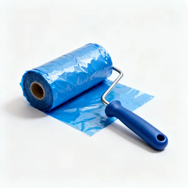 A roll of blue damp proof membrane polythene partly unrolled