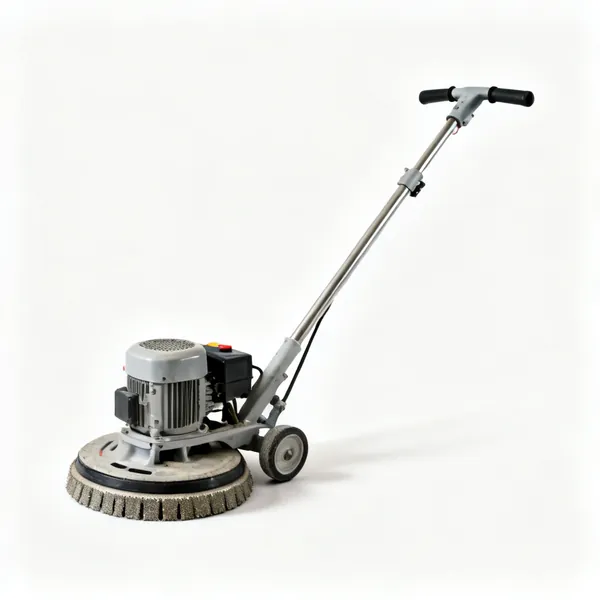 A concrete floor grinder with a rotating diamond head and a handle