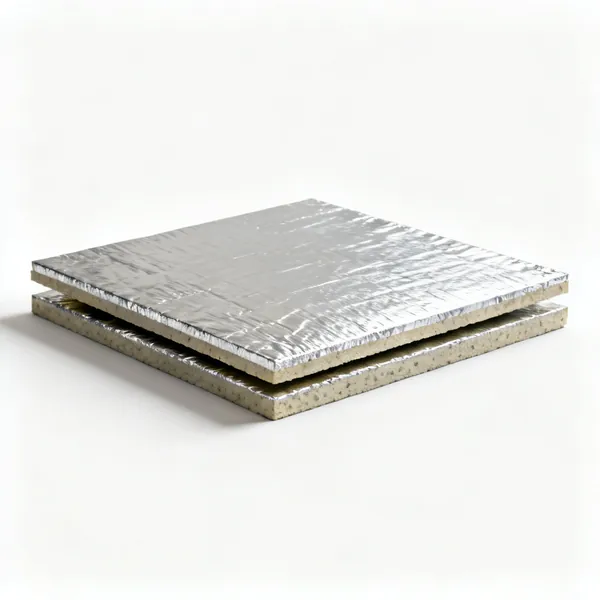 Two rigid foil faced floor insulation boards stacked