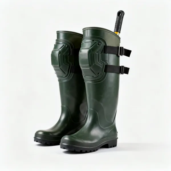 Waterproof knee pads: A pair of waterproof rubber work knee pads with straps