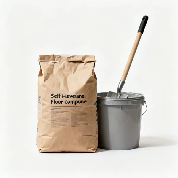 Levelling compound: A paper bag of self levelling floor compound powder beside a mixing bucket