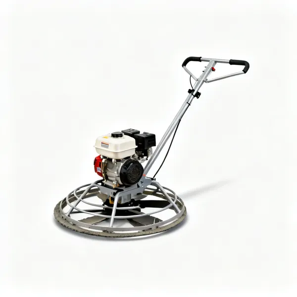 A petrol powered concrete power float with rotating blades and a handle