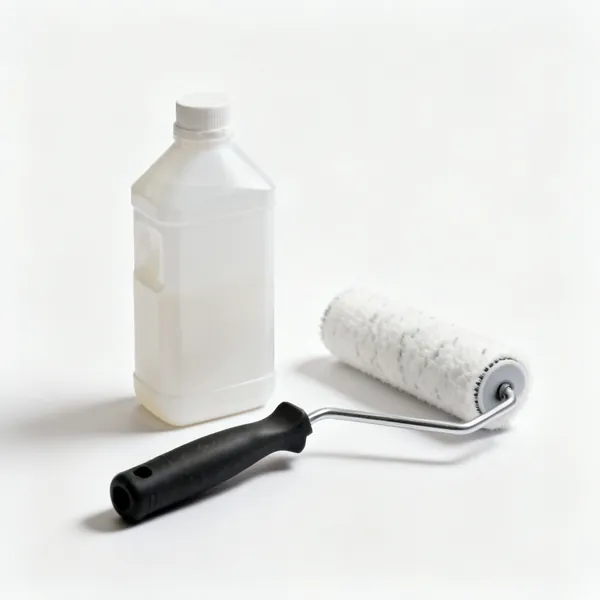 A plastic bottle of floor screed primer beside a roller