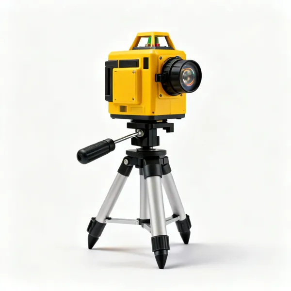 A yellow rotary laser level on a tripod with a spinning head