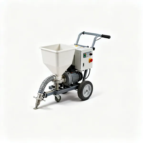 A screed pump machine with a hopper, hose connection and control panel