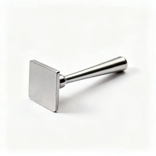 A steel hand tamper with a flat square plate and a long handle