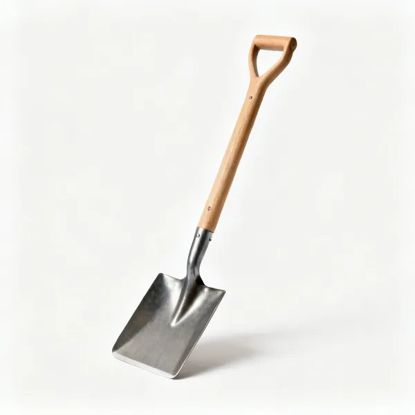 A square mouth steel shovel with a wooden handle