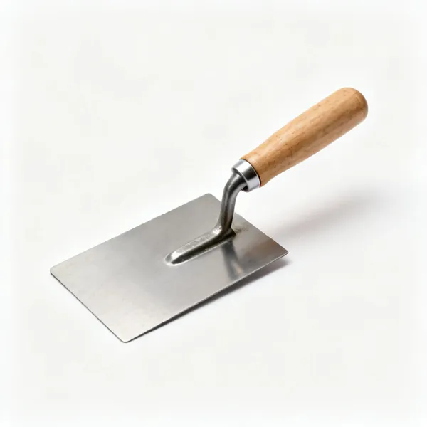 A rectangular steel finishing trowel with a wooden handle