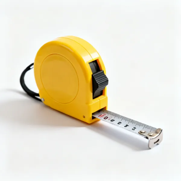 A retractable steel tape measure with a yellow case, blade partly extended