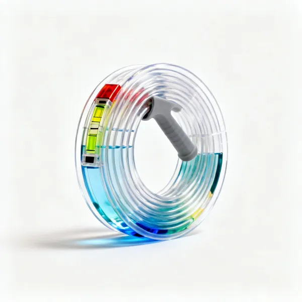 A coil of clear plastic water level tubing partly filled with coloured water