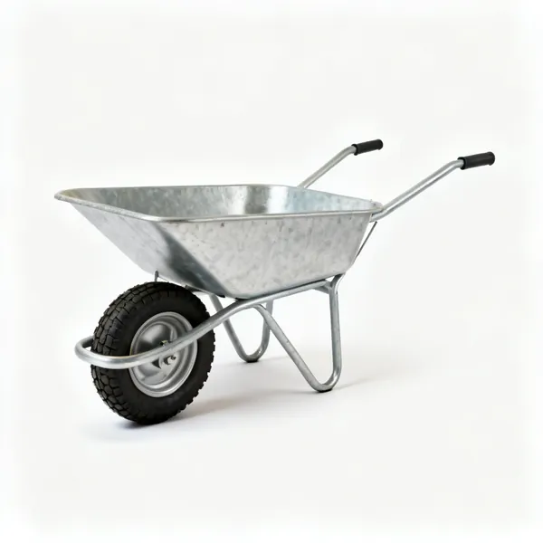 A metal builder's wheelbarrow with a pneumatic tyre