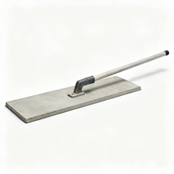 A wide concrete bull float on a long handle