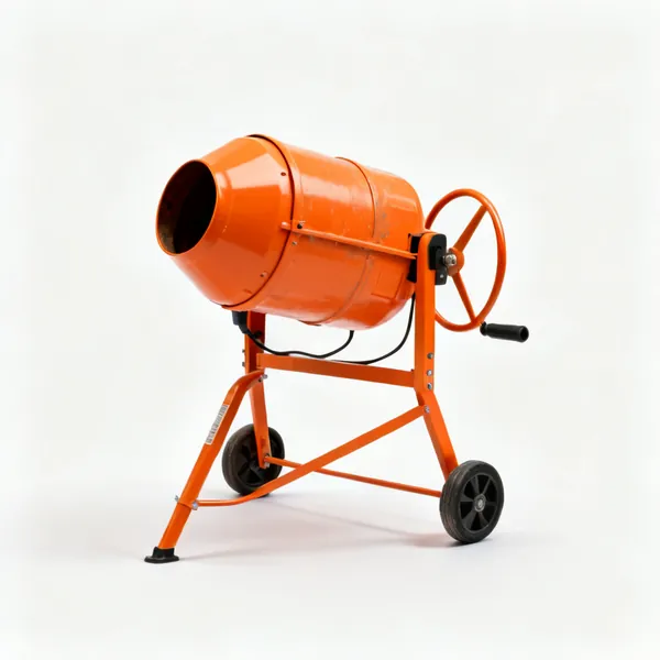 An orange electric cement mixer