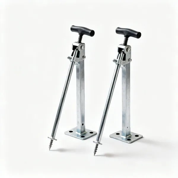 Two adjustable steel acrow props with pin holes and base plates