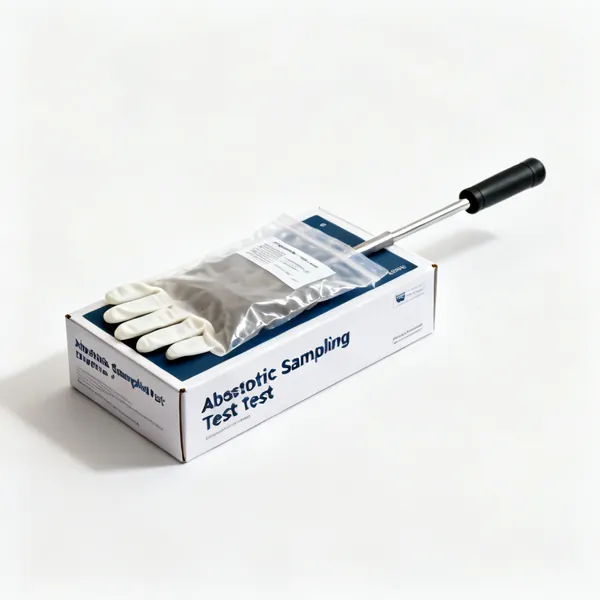 Asbestos test kit: An asbestos sampling test kit box with a sealed sample bag and gloves