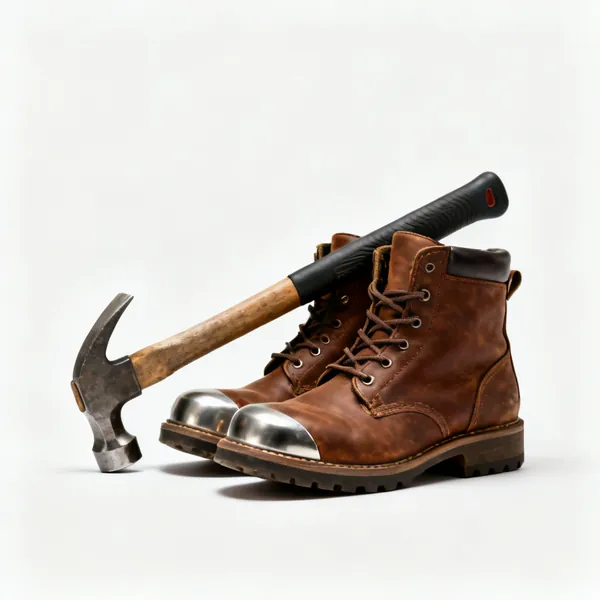 Safety boots: A pair of brown leather safety work boots with steel toecaps