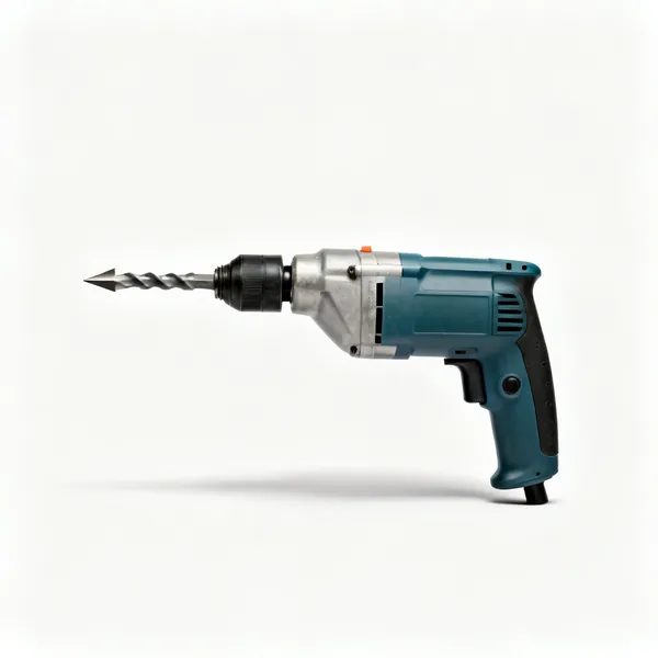 A large electric demolition breaker hammer with a pointed chisel and a handle