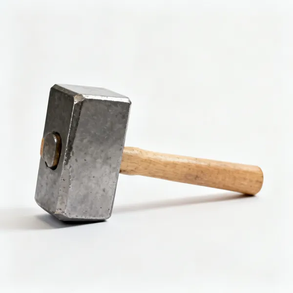 A steel club hammer with a heavy square head and a short wooden handle