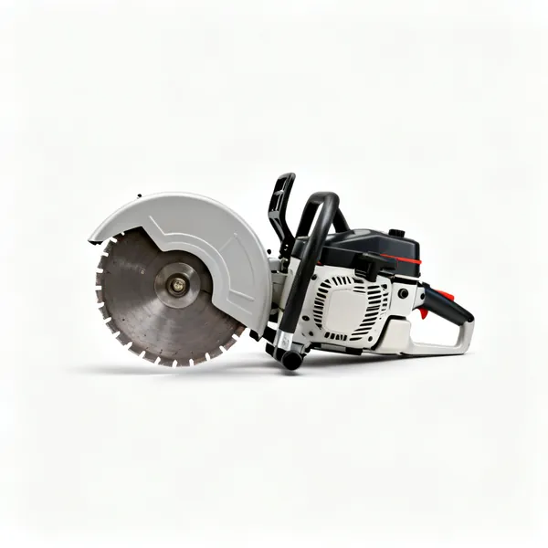 A petrol disc cutter saw with a large abrasive cutting disc and a guard