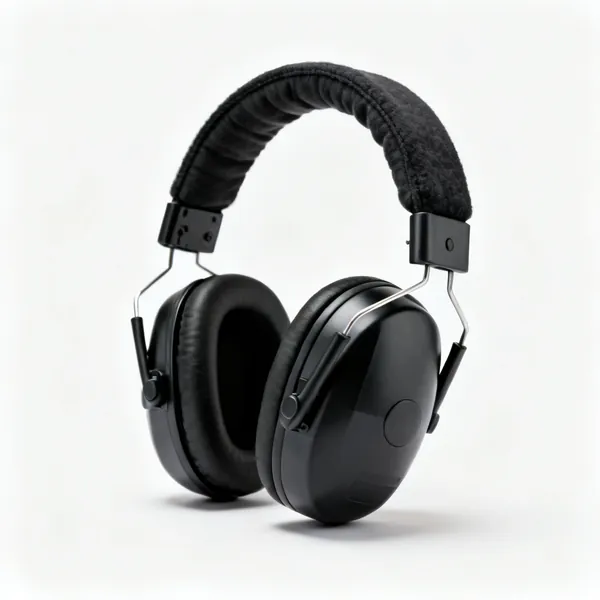 A pair of over ear protective ear defenders with a padded headband