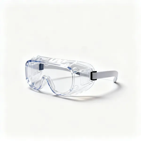 A pair of sealed clear safety goggles with a headband
