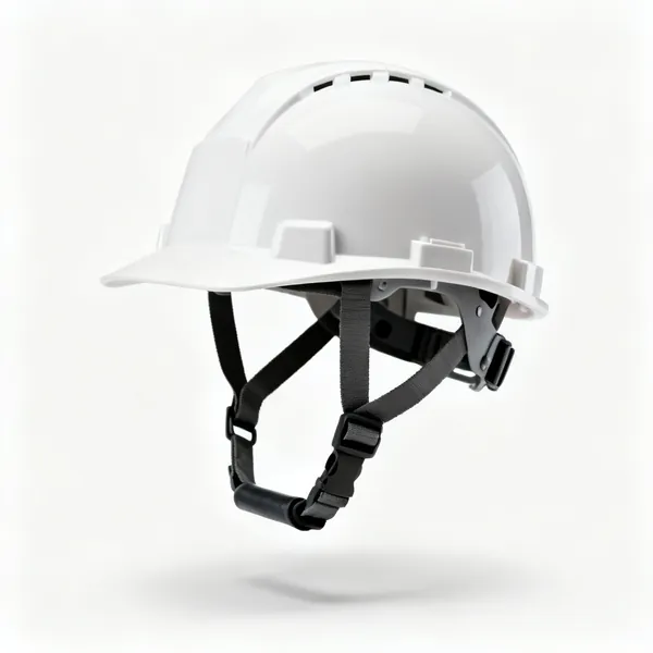 A white safety helmet with a chinstrap and an adjustable harness