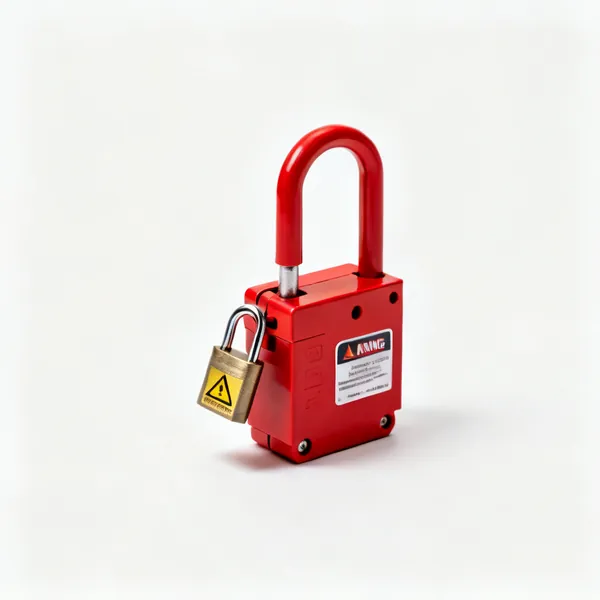 Lock off kit: A red electrical lock off device with a padlock and a warning tag