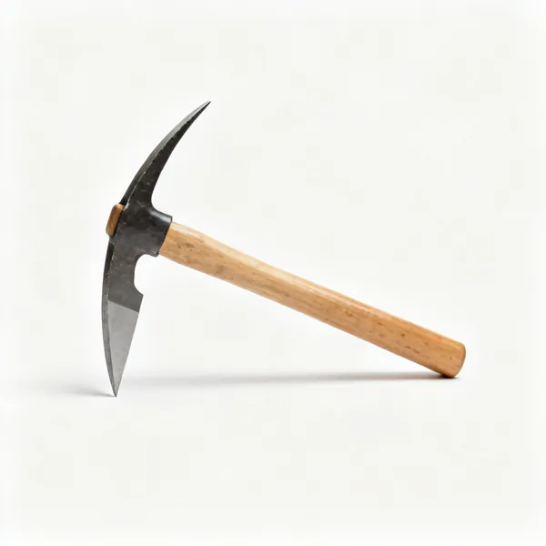 A pick axe with a pointed end, a flat blade and a wooden handle