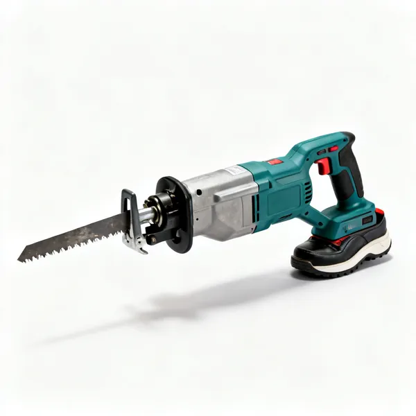 A cordless reciprocating saw with a demolition blade fitted and a shoe