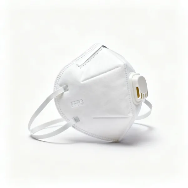 A white FFP3 respirator dust mask with two straps and a nose clip