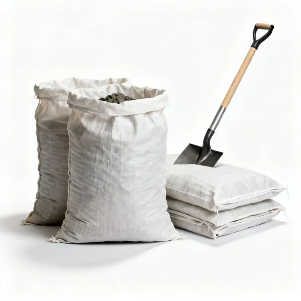 Several woven polypropylene rubble sacks, one partly filled