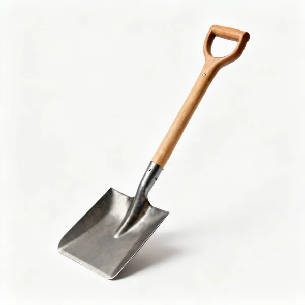 A square mouth steel shovel with a wooden handle and a D grip
