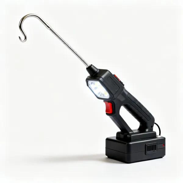 A rechargeable LED inspection light with a hook and a magnetic base