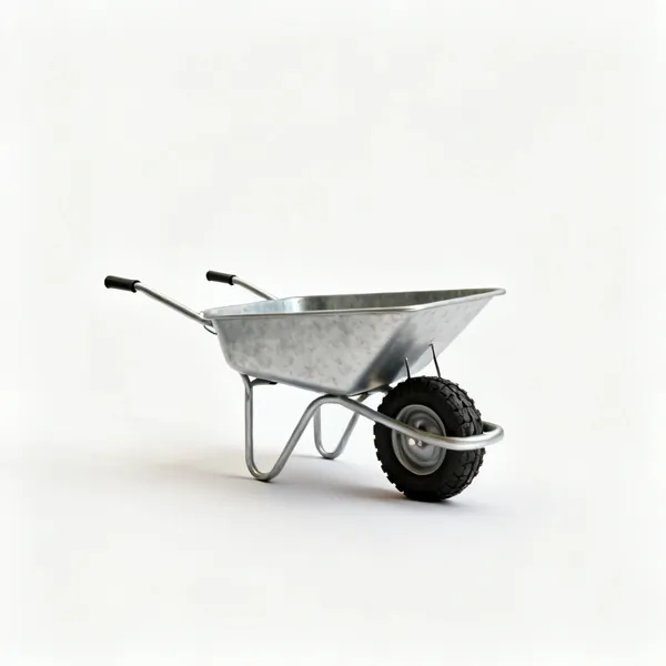 A metal builder's wheelbarrow with a pneumatic tyre