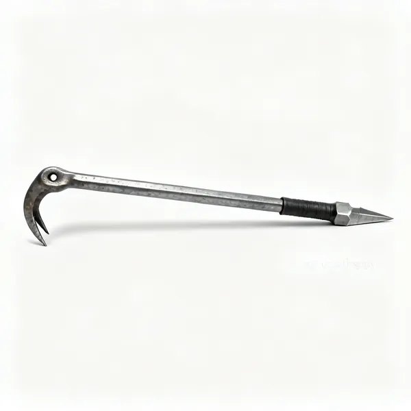 A long steel wrecking bar with a hooked claw at one end and a chisel at the other
