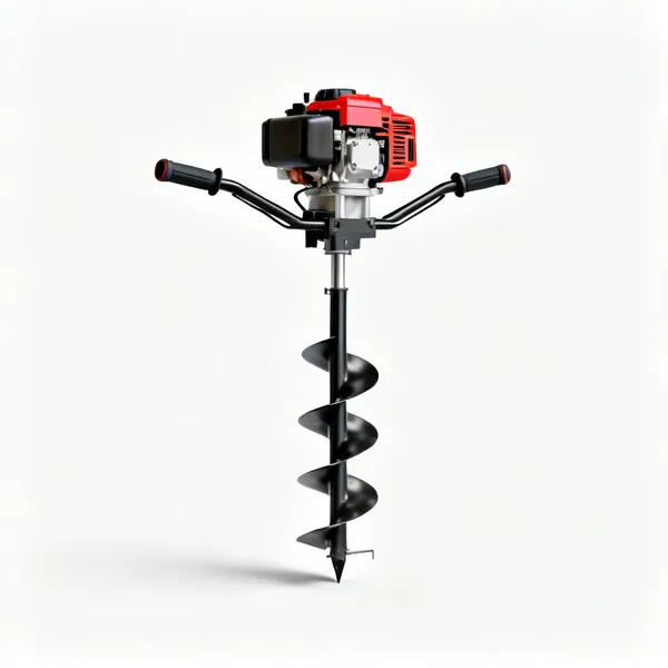 A petrol powered earth auger with a helical drill bit and two handles