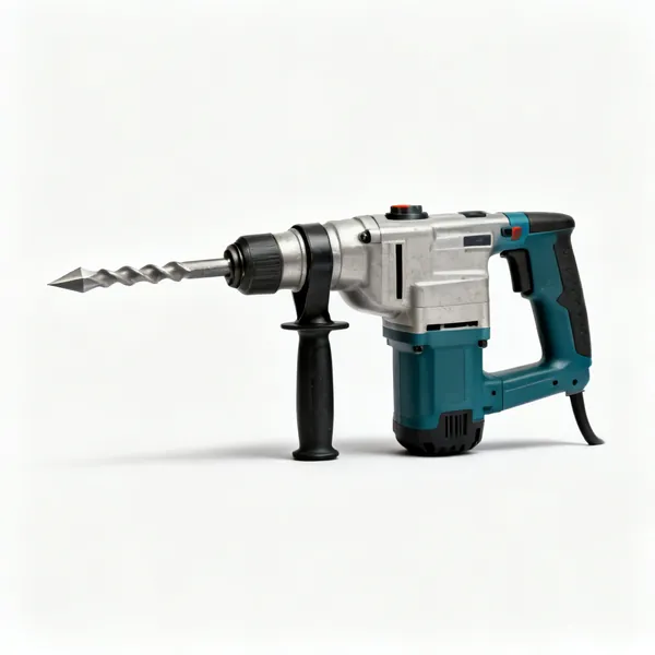 A large electric demolition breaker hammer with a pointed chisel