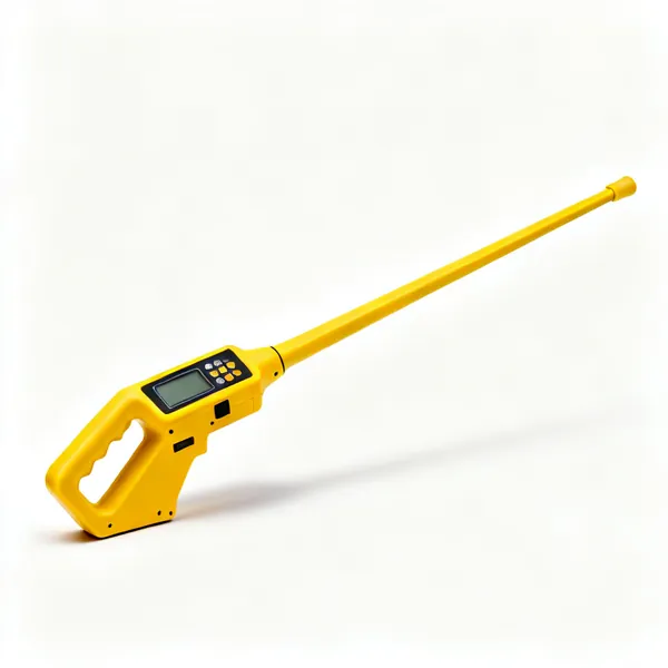 A yellow handheld cable avoidance tool detector with a display and a long body