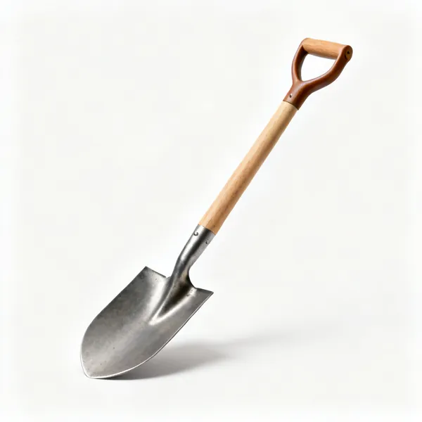 A steel digging spade with a flat blade and a wooden shaft with a D grip