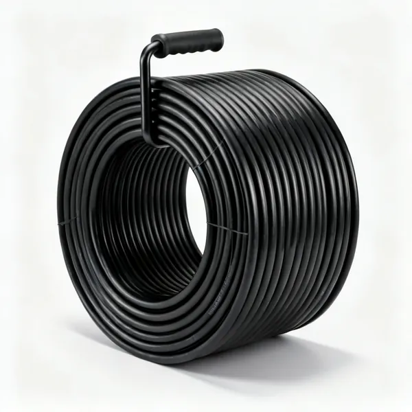 A coil of black flexible underground cable ducting