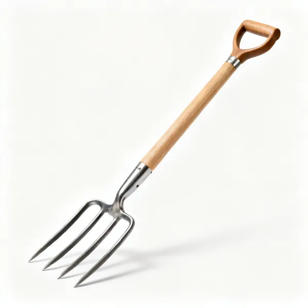 A steel digging fork with four tines and a wooden shaft with a D grip